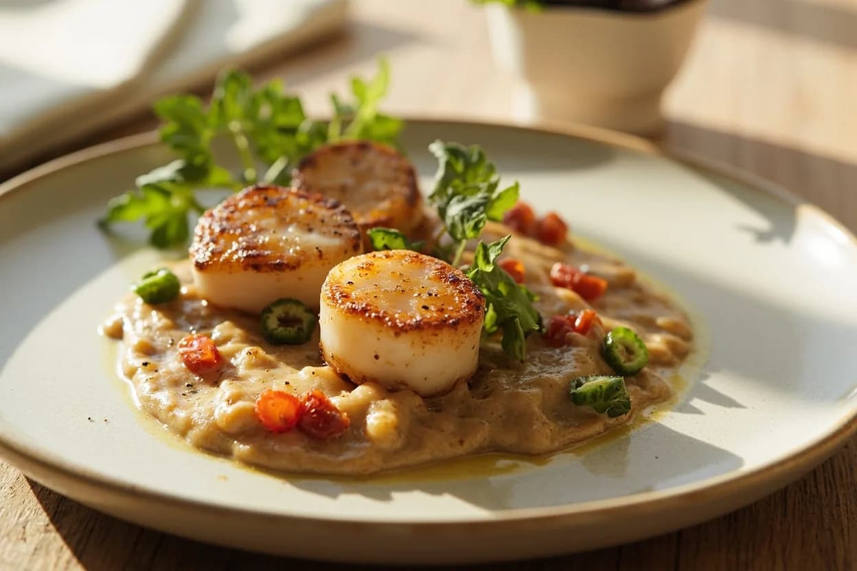 Scallop Preparation (Vieiras) prepared the canonical way — Coquilles Saint-Jacques gratinées. Hold the scallop flat-side up. Insert a sturdy, thin-bladed knife into the hinge gap and slide it flat against the top shell to sever the adductor. Remove the flat shell.