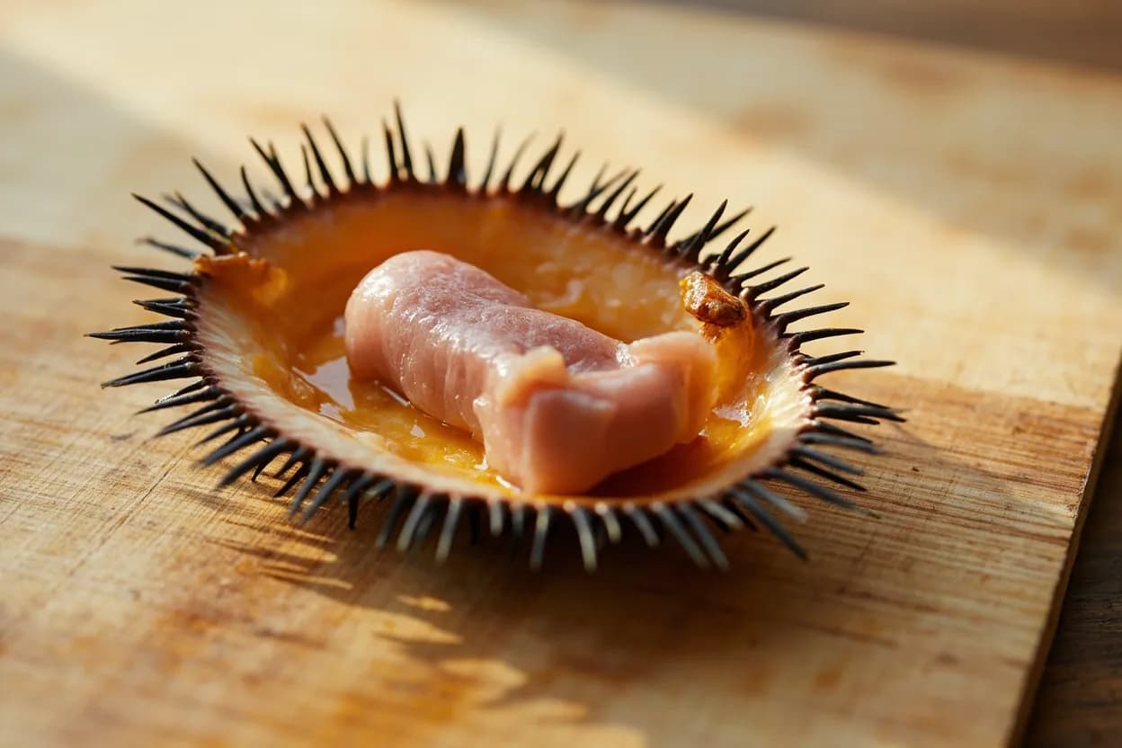 Sea Urchin (Uni) Opening & Cleaning in its raw whole-cut form on a butcher's board — Sea urchin preparation is the technique of opening a live urchin shell with scissors, removing the edible gonads (commonly called 'tongues' or 'uni' in Japanese culinary practice), and cleaning them … Identifying traits: Briny oceanic aroma with sweet, iodine, and faintly mineral notes, Custard-like melt when perfectly fresh, Vivid golden-orange to deep amber color depending on diet and species.
