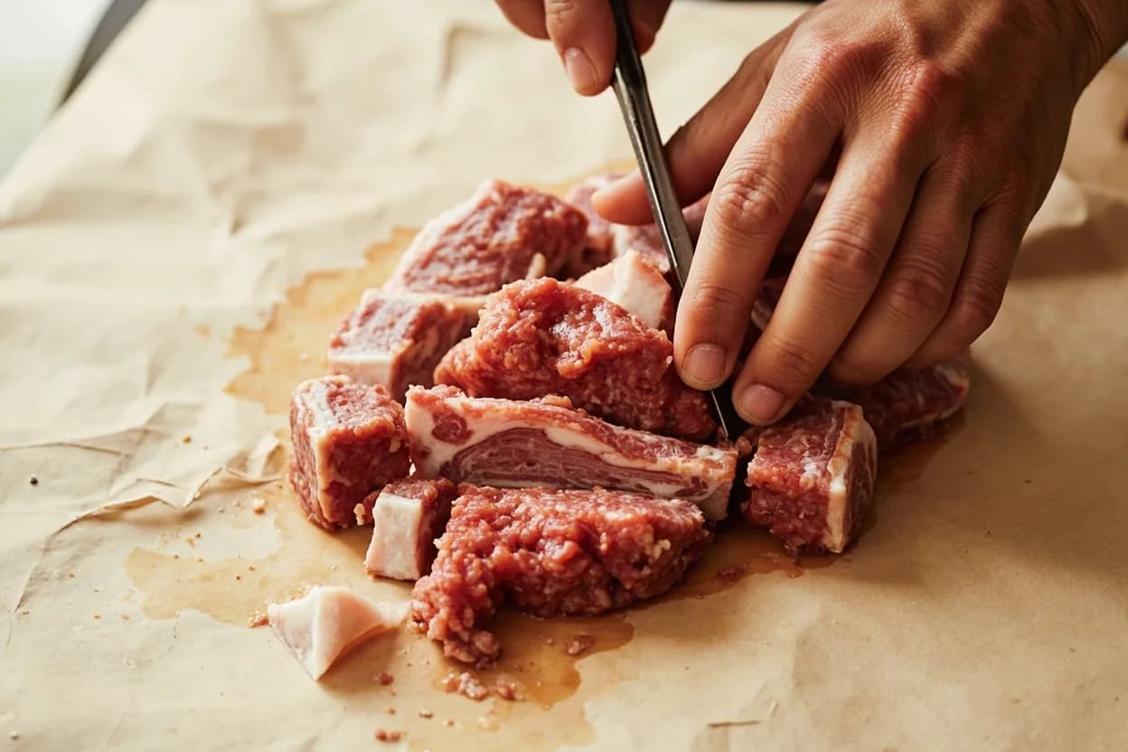 Where the seekh kebab mince grind ratio lives on the source. Lamb shoulder is the canonical source — the front leg primal gives a ratio of approximately 75–80% lean muscle to 20–25% interspersed fat without further addition.