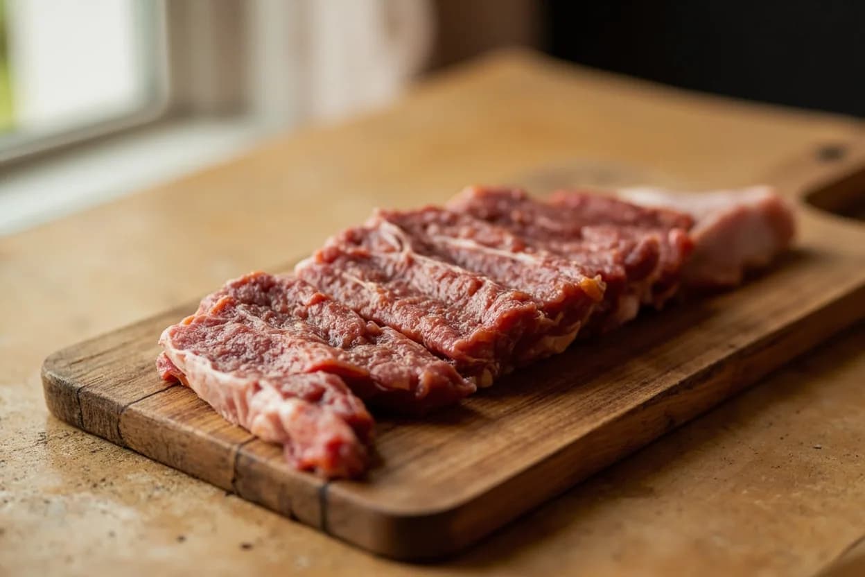 Seekh Kebab Mince Grind Ratio in its raw whole-cut form on a butcher's board — Seekh kebab mince grind ratio describes the precise combination of fat content (typically 20–25% of total weight), grind coarseness (one pass through a 6–8 mm die plate for texture, sometimes followe… Identifying traits: Self-binding: fat and natural proteins cohere under hand pressure, no egg or breadcrumbs required, Coarse enough to show texture — visible small chunks of muscle and fat after grinding, Slightly tacky to the touch after kneading — this stickiness is the collagen activating.