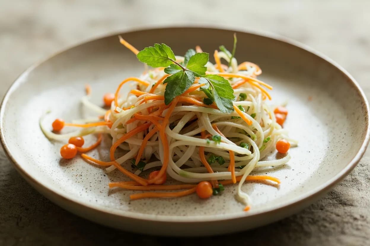 Sengiri (Japanese Fine Julienne) prepared the canonical way — Daikon tsuma (sashimi garnish). Peel the vegetable and slice lengthwise into thin planks 1–2 mm thick using a sharp yanagiba or usuba; a mandoline speeds this step for daikon.