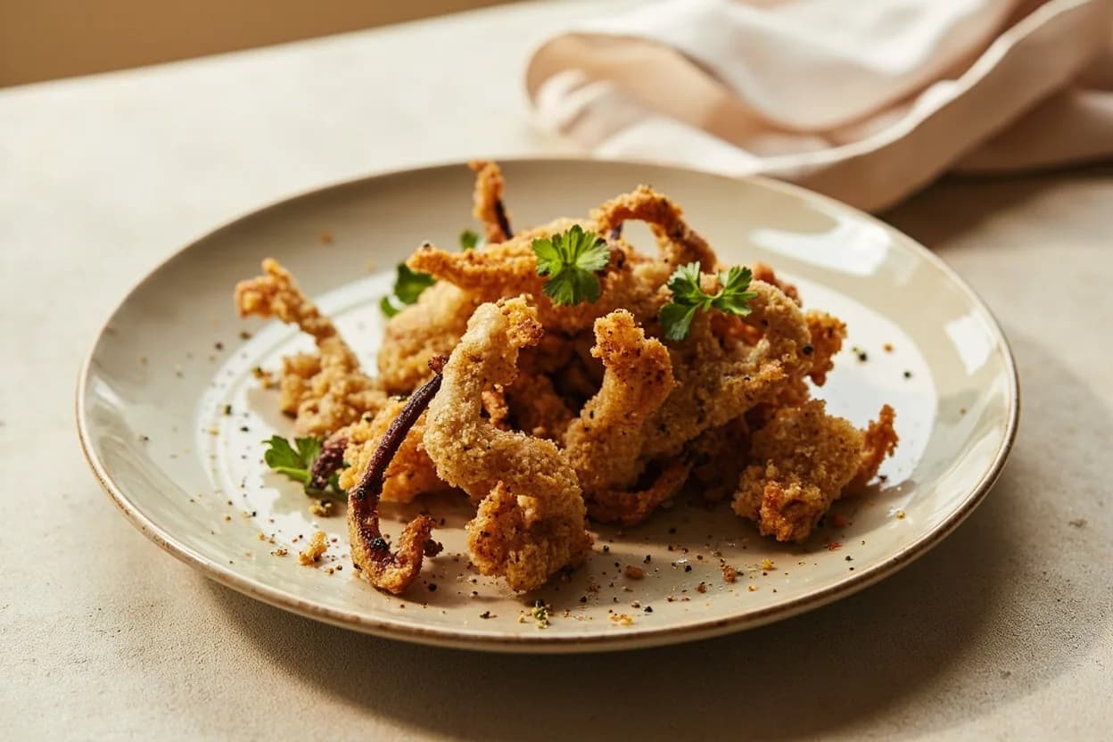Squid — Tube, Tentacle, Ink Sac Breakdown prepared the canonical way — Calamari fritti. Grip the head just behind the eyes and gently pull it away from the mantle with a firm, steady tug — the internal organs will follow. Do not jerk or the ink sac may burst inside the mantle.