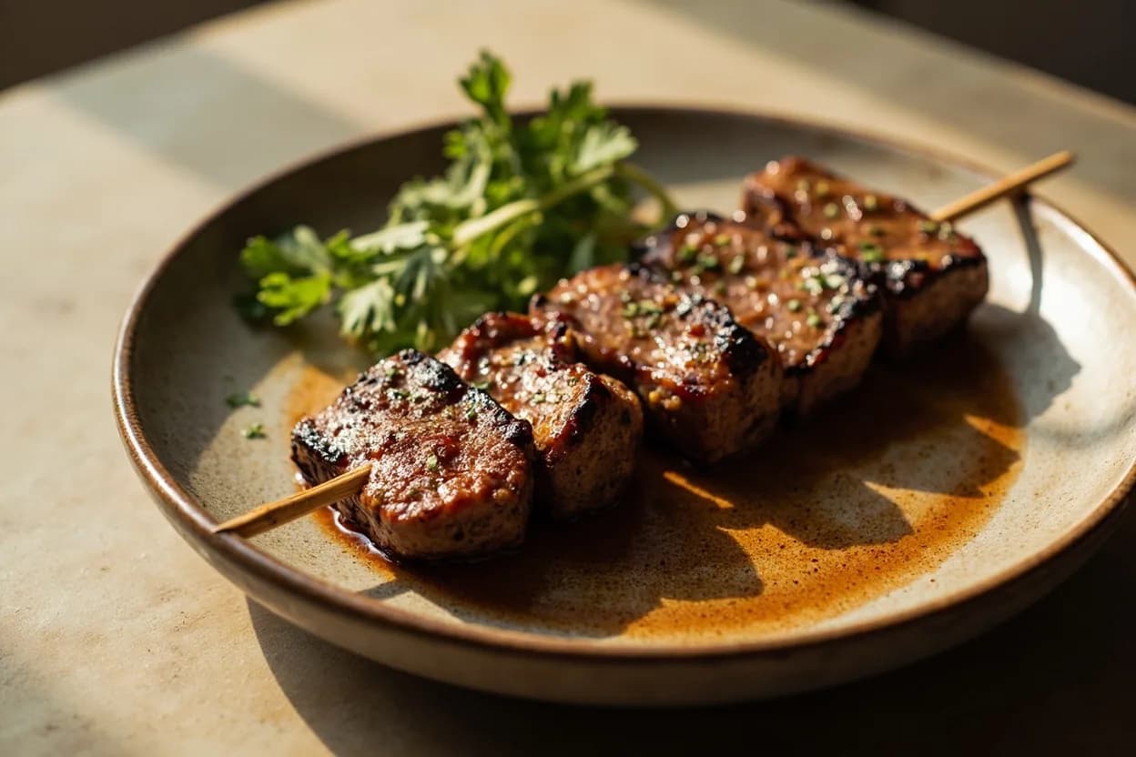 Suya Thin-Slice (Against-Grain Beef Skewer Cut) prepared the canonical way — Suya (Nigeria, Cameroon, Ghana, Niger). Chill or semi-freeze the beef 45–60 minutes before slicing — firm (not frozen) meat slices cleanly and uniformly at 3–5 mm.