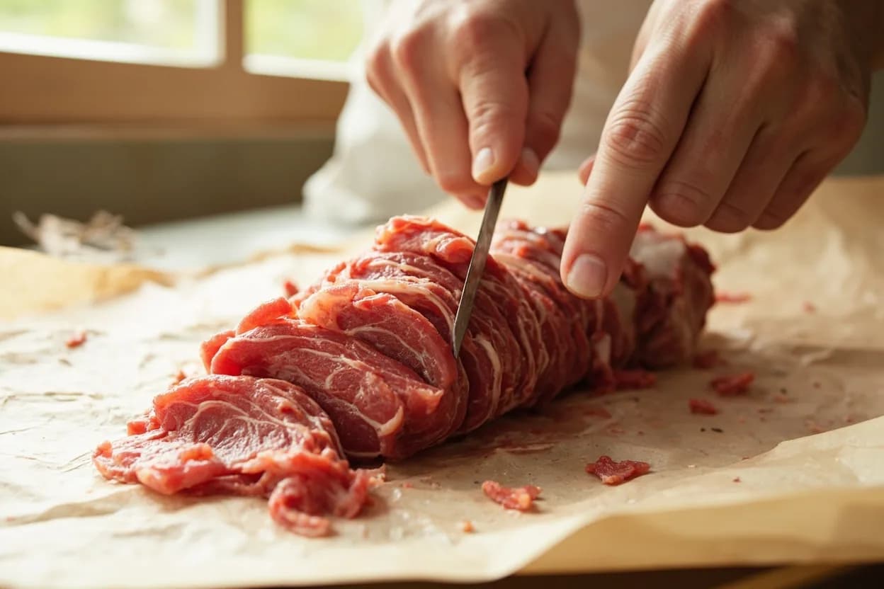Where the suya thin-slice (against-grain beef skewer cut) lives on the source. Preferred source cuts are lean hindquarter muscles with long, parallel fibres that are easy to read and cut against: rump (biceps femoris), topside (semimembranosus), or sirloin cap/picanha.