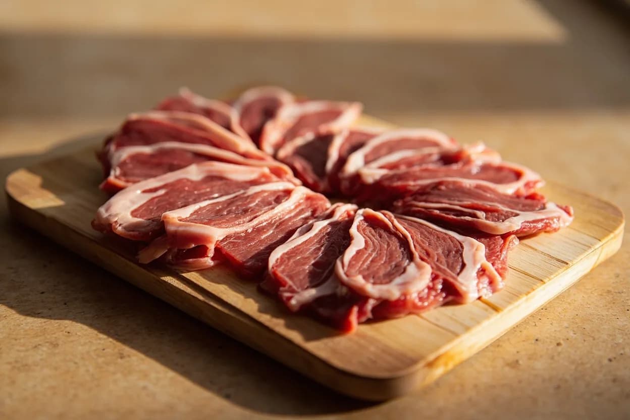 Tasajo Butterfly Accordion Slice in its raw whole-cut form on a butcher's board — An extended variation of the butterfly cut in which the knife makes repeated parallel passes through a whole muscle, each cut stopping short of the opposite edge so the meat remains in one connected … Identifying traits: Single unbroken sheet of muscle means no seams or folded layers that would trap moisture and inhibit drying, Uniform 4–8 mm thickness across the entire sheet ensures consistent salt penetration and drying time, The accordion geometry creates a very large surface-area-to-mass ratio, accelerating water loss during air-drying.