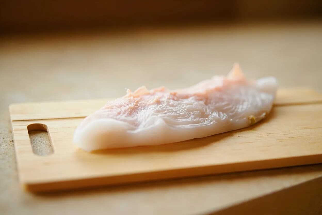 Usu-zukuri (Paper-Thin Slice — Fugu) in its raw whole-cut form on a butcher's board — Usu-zukuri (薄造り, 'thin presentation') produces near-translucent slices of fish by combining a blade angled almost flat to the cutting board (15–20°) with a full wrist-draw stroke. Identifying traits: Translucent to semi-transparent; the plate surface is visible through the slice, Width of 5–8 cm, length up to 10 cm depending on fillet size — far wider than it is thick, Smooth, glassy cut face with no striations or blade marks.
