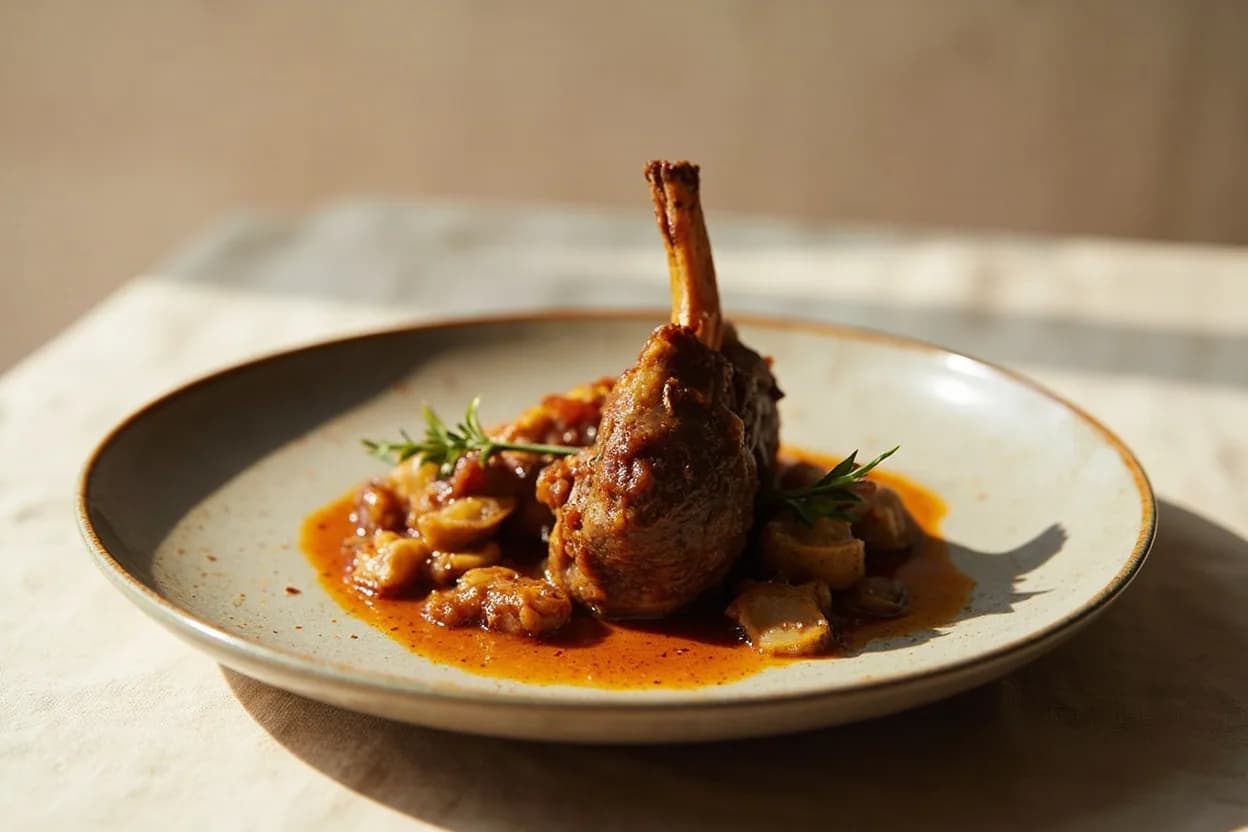 Veal Osso Buco Cross-Cut prepared the canonical way — Osso buco alla Milanese (the canonical braise with saffron risotto and gremolata). Tie each medallion around its circumference with a single loop of butcher's twine before browning — the connective tissue band shrinks faster than the muscle as it heats, causing the medallion to bow and lose its disk shape without this support. Remove the twine before serving.