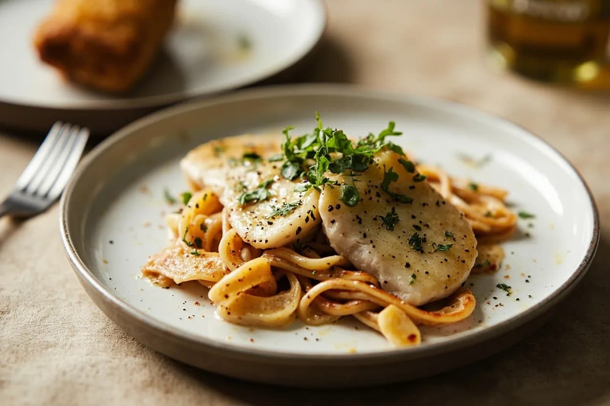 Veal Scallopine / Escalope prepared the canonical way — Veal piccata (with lemon-caper-butter sauce). Begin with a cold, boneless veal top round block. Identify the grain by looking at the long striations running through the muscle. Position the block so you are cutting across these striations, not parallel to them.
