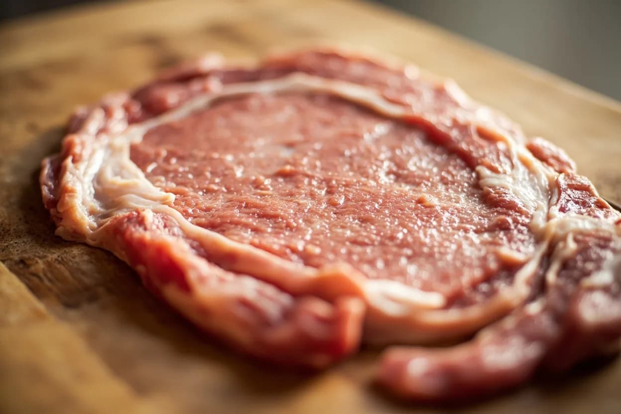 Veal Scallopine / Escalope in its raw whole-cut form on a butcher's board — A scallopine (Italian) or escalope (French) is a boneless, thin slice of meat cut transversely against the muscle grain, then mechanically thinned by pounding with a meat mallet to a uniform thicknes… Identifying traits: Large, thin, flat surface area relative to weight — ideal for rapid, even heat transfer, Cut against the grain ensures the pounded sheet holds together without visible fiber separation, Fine, tight grain gives a smooth, almost silky cut surface that accepts breadcrumbs and flour uniformly.