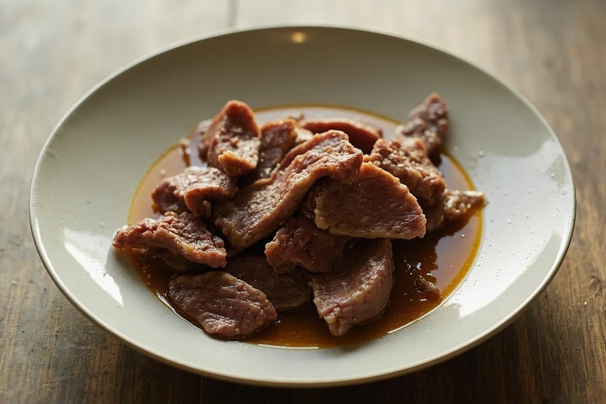Velvet-Thin Beef Slice (Chinese) prepared the canonical way — Mongolian beef (蒙古牛肉). Freeze beef until firm but not solid (about 45–60 minutes in a home freezer); the interior should yield slightly under thumb pressure.
