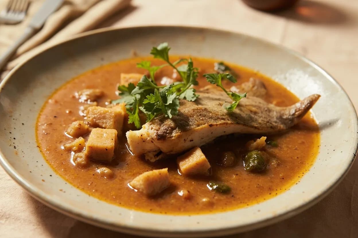 Whole Fish Breakdown — Tilapia & Catfish (West African) prepared the canonical way — Nigerian catfish pepper soup. Scaling tilapia: hold the fish by the tail and scrape from tail to head with the back of a knife or fish scaler; scale under cold running water to contain mess. Catfish has no scales — skip directly to cleaning the skin.