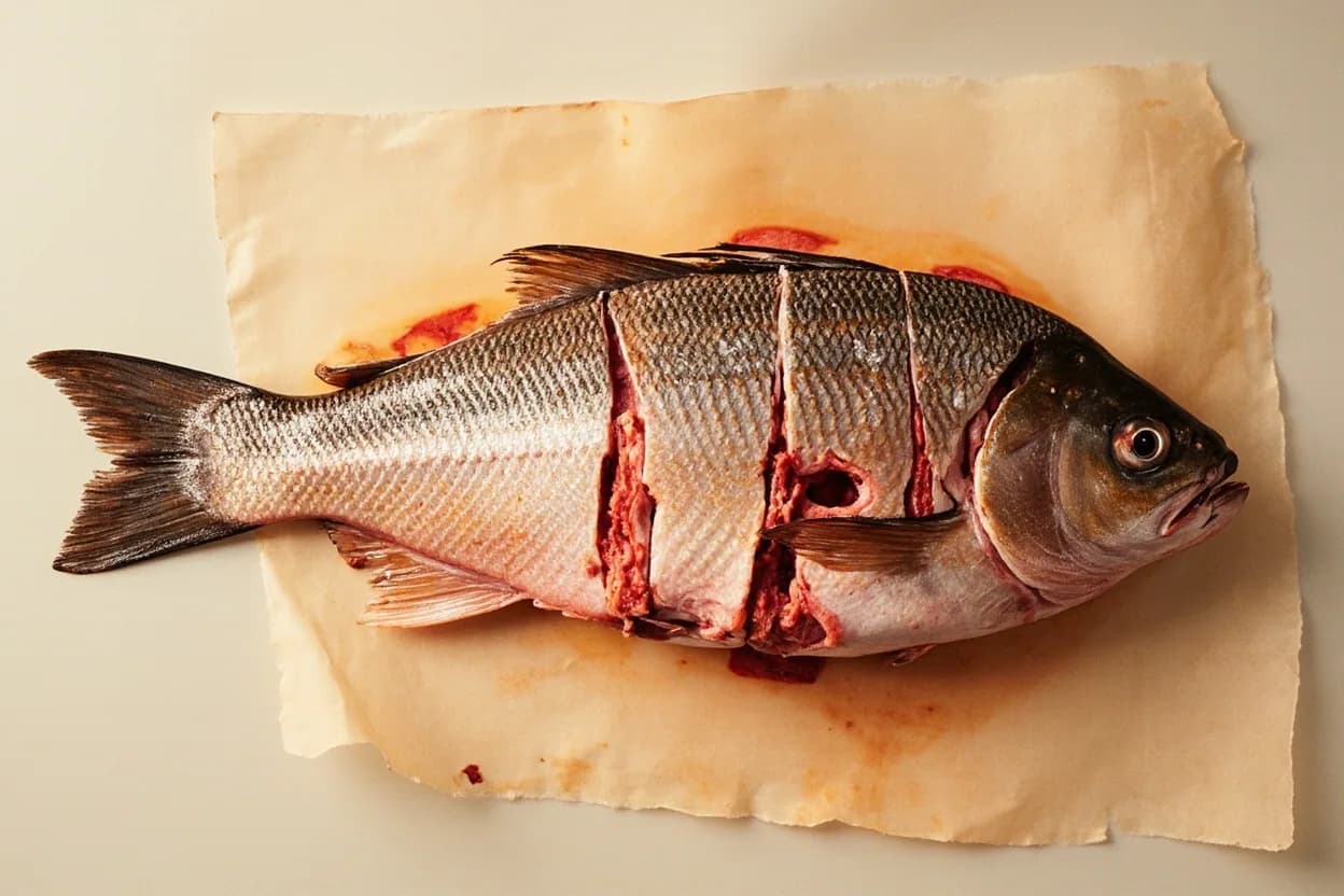 Where the whole fish scoring for steaming / frying lives on the source. Applied to medium whole round fish kept intact: sea bass, branzino, red snapper, tilapia, grouper, carp, and whole mackerel.