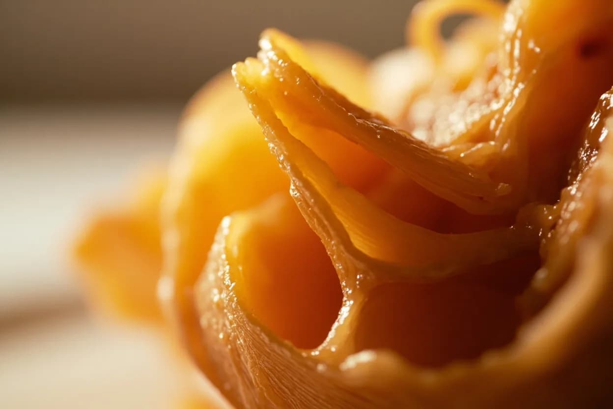 Caramelization of Onions: Time-Temperature Relationship at 130–150°C (265–300°F) pan surface; onion mass temperatures lag behind. Cell walls soften as pectin degrades above 80°C and moisture steams off. Visual cues: Translucent stage (15–20 min): slices have collapsed, turned glassy, and smell lightly sulphurous and sweet, Golden stage (25–35 min): pale straw colour, markedly sweet aroma, no more biting rawness, Jammy stage (40–50 min): deep amber, soft enough to smear, rich caramel-sweet and slightly savoury smell.