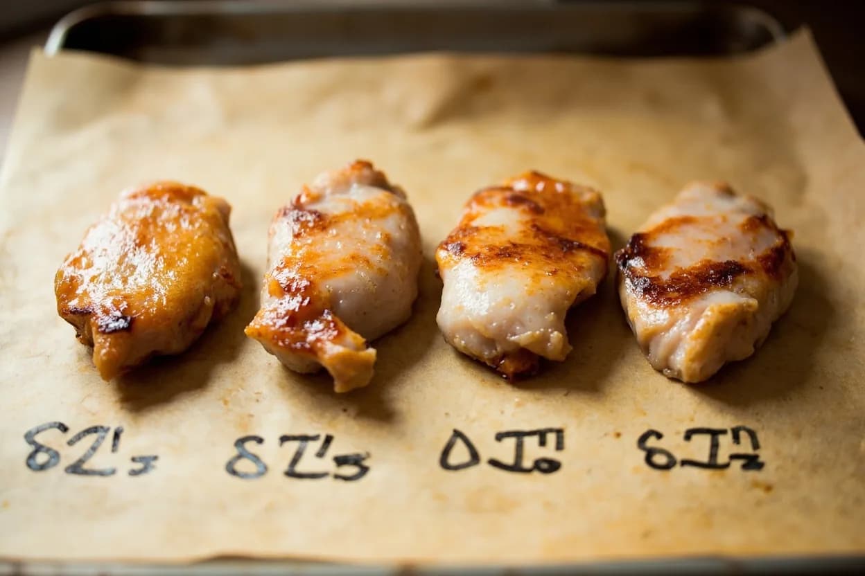 Chicken Thighs vs. Breast Doneness Targets in context — the stages just below and above, side-by-side. Chicken thighs and breasts are structurally and compositionally different muscles that respond to heat in distinct ways, each with its own optimal doneness window. Target reference Breast: 65–71°C (149–160°F); Thigh: 80–85°C (176–185°F).