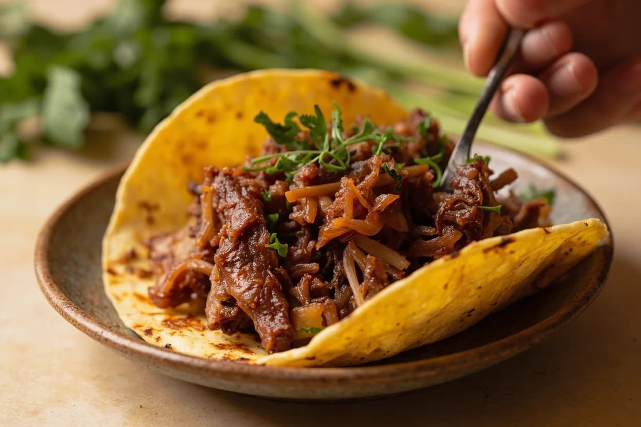 Cochinita Pibil & Carnitas: Collagen Breakdown Stage in practice — Cochinita pibil tacos (Yucatan Peninsula, Mexico). Traditional cochinita is cooked in a pib — an underground stone-lined pit — where heated rocks radiate dry heat into the sealed pit while the banana-leaf packets steam the pork.
