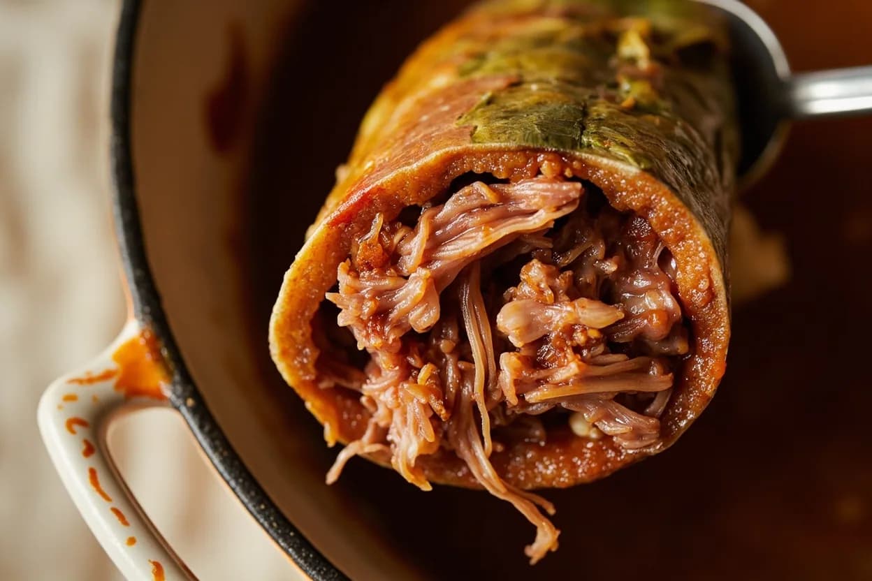 Cochinita Pibil & Carnitas: Collagen Breakdown Stage at 90–96°C (195–205°F) sustained internal; carnitas lard bath at 85–95°C (185–205°F); carnitas crisp stage at 180–190°C (355–375°F) surface. In cochinita pibil: the citric and malic acids in sour orange (naranja agria) begin denaturing surface collagen during the overnight marinade, reducing the total cooking time needed for full conversion. Visual cues: Cochinita pibil: the banana leaf packet is swollen with steam, deeply colored orange-red where achiote has stained it; the aroma is citrus-forward and earthy-spiced when opened, Cochinita pibil: a fork inserted into the meat center meets zero resistance and pulls apart strands of 8–12 cm fiber without tearing across the grain, Carnitas (collagen stage): pork pieces yield completely when pressed with a spoon; liquid in the pot is opaque and fat-rich, not thin.
