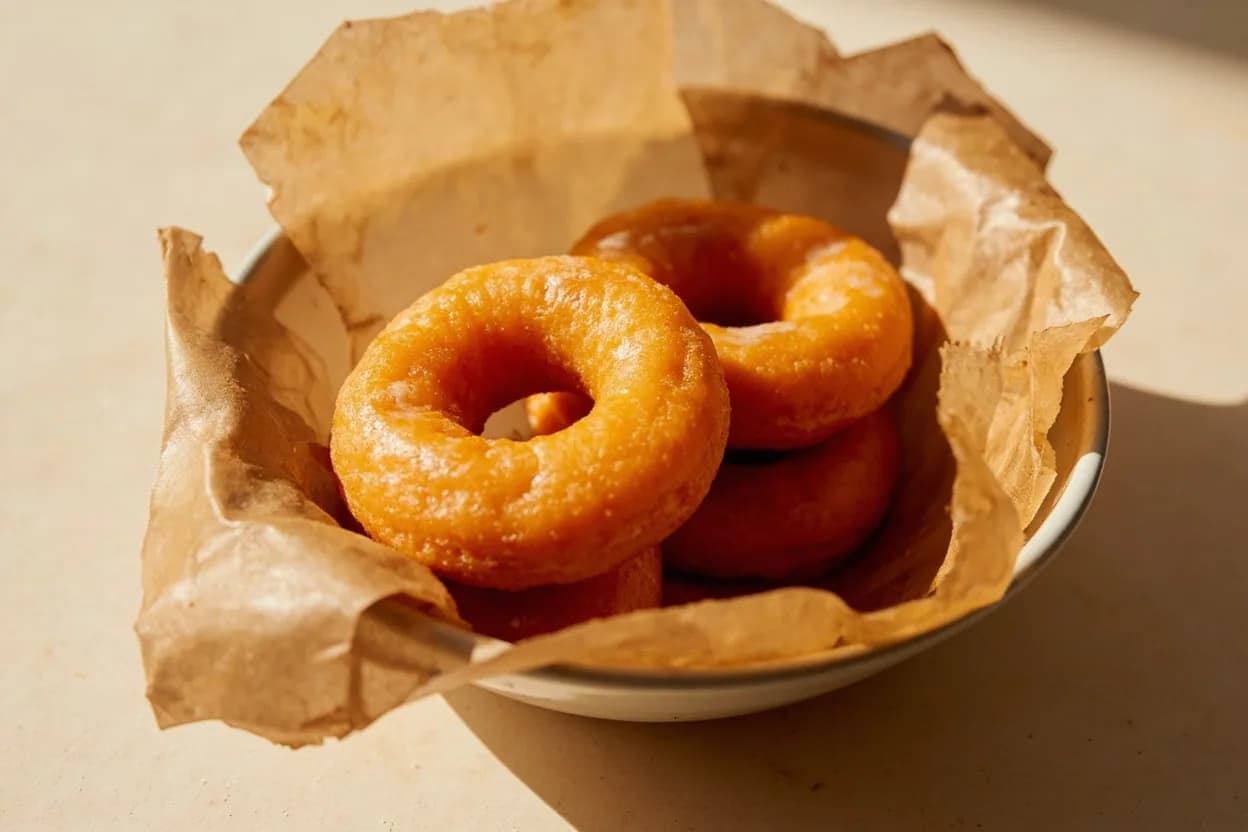 Deep-Fry Oil for Doughnuts, Beignets & Churros in practice — Glazed yeast doughnuts. Sugar and fat in enriched doughs lower the Maillard threshold — surface browning begins earlier and accelerates faster than with lean doughs.