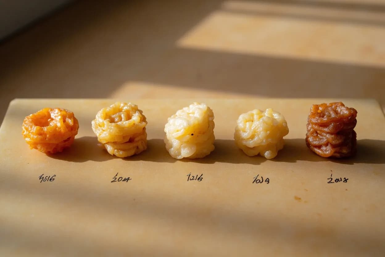 Doubanjiang Fry-Off Stage (Oil Separation) in context — the stages just below and above, side-by-side. Doubanjiang (豆瓣酱, Pixian-style fermented broad bean and chili paste) requires a dedicated fry-off stage before other ingredients are added. Target reference Oil at 160–180°C; paste fries for 2–4 minutes until oil visibly separates.