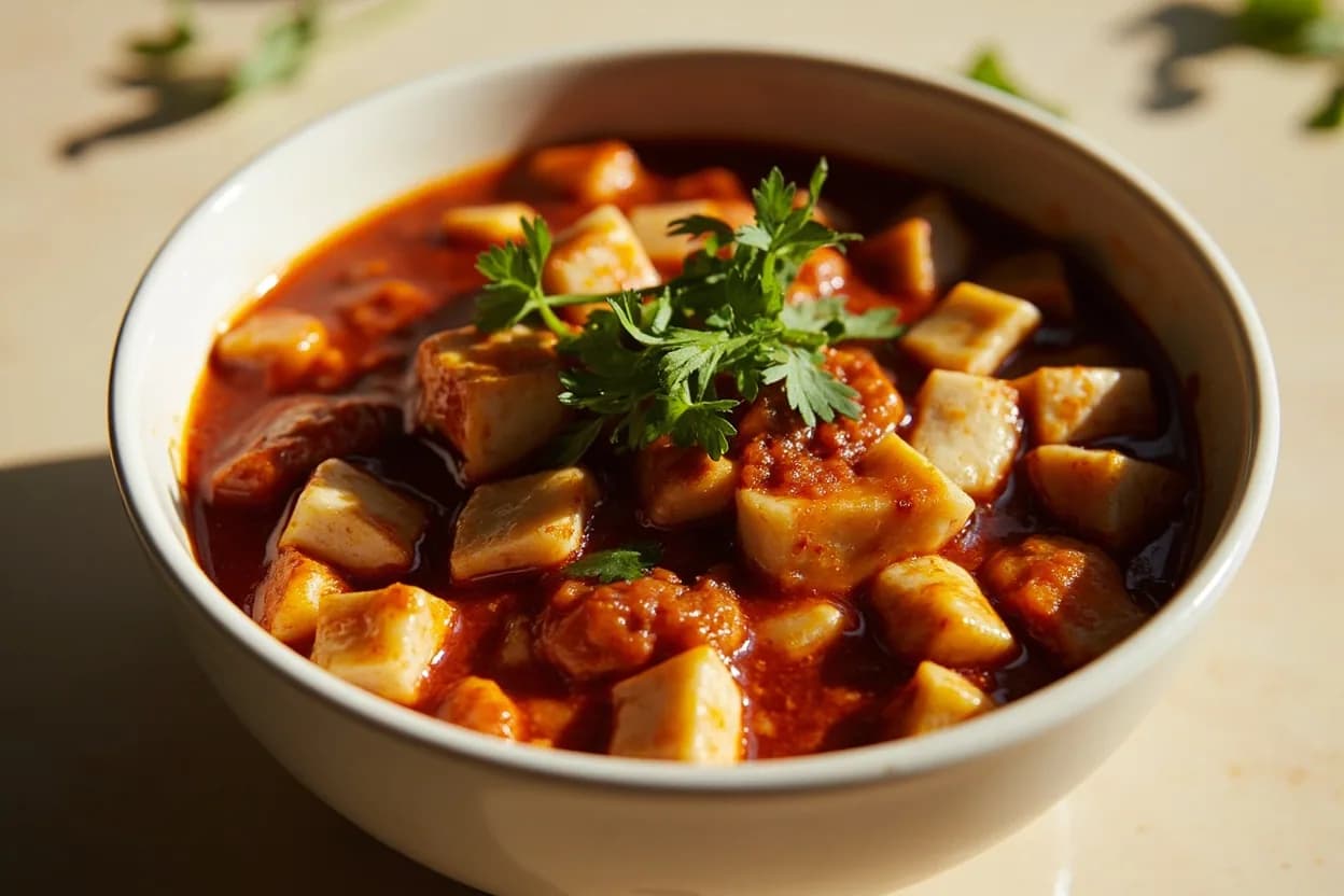 Doubanjiang Fry-Off Stage (Oil Separation) in practice — Mapo tofu (麻婆豆腐, Sichuan tofu in spiced bean-and-chili sauce). Not all doubanjiang is Pixian.
