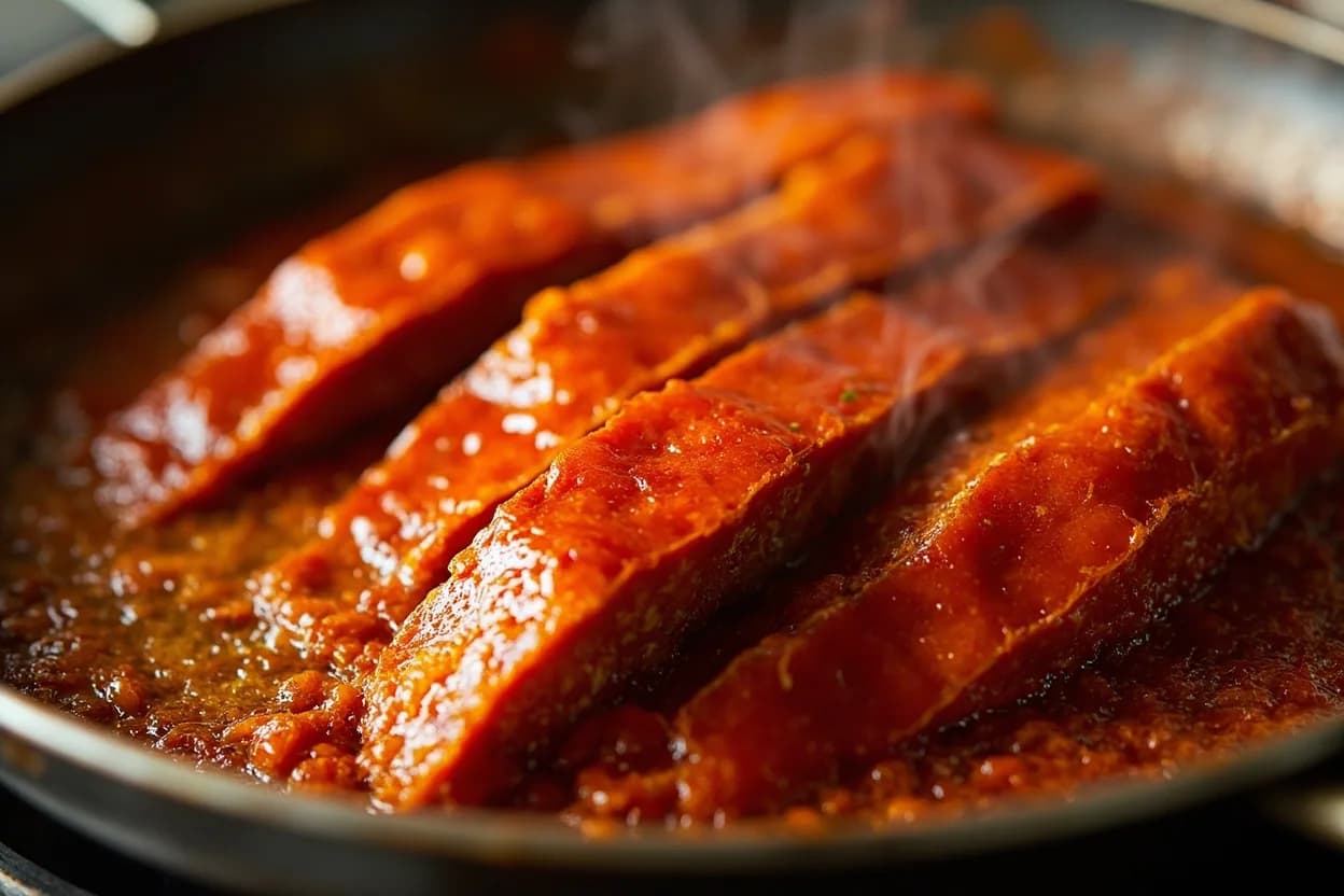 Doubanjiang Fry-Off Stage (Oil Separation) at Oil at 160–180°C; paste fries for 2–4 minutes until oil visibly separates. Pixian doubanjiang contains approximately 50–65% moisture, significant sodium chloride, fermented organic acids (lactic, acetic), amino acids from the fermented beans, and a complex of capsaicin esters from the dried chilies. Visual cues: Bright red-orange oil pools visibly at the edges of the paste mass and around the pan, Vigorous sputtering from evaporating moisture subsides as frying becomes dry and sizzling, Color shifts from the paste's original red-orange to a deeper, darker brick-red or mahogany.