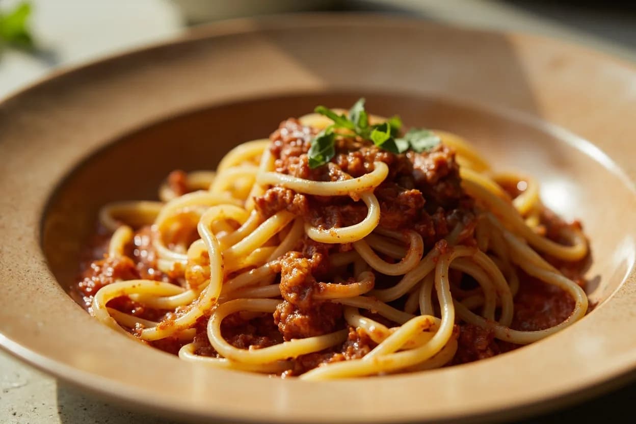 Fresh Pasta Doneness in practice — Tagliatelle al ragù bolognese. Fresh pasta sold at room temperature in market packs has often been partially dried and may take 3–5 minutes — closer to dried pasta timing.