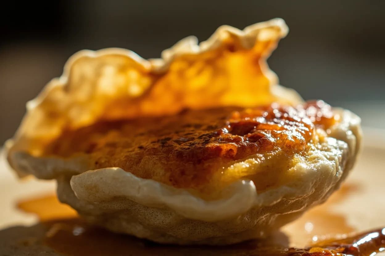 Gyoza & Jeon Crisp-Bottom Doneness at Crust contact surface 160–180°C (320–356°F); filling core 74–80°C (165–176°F). During the initial steam phase, moisture migrates into the dough or batter, gelatinising the starches and cooking the filling through. Visual cues: Colour shifts from pale gold to deep amber-brown across the full bottom surface, Sizzling sound becomes quieter and drier as free water evaporates from the pan, Edges of the crust visibly curl or pull away fractionally from the pan wall.