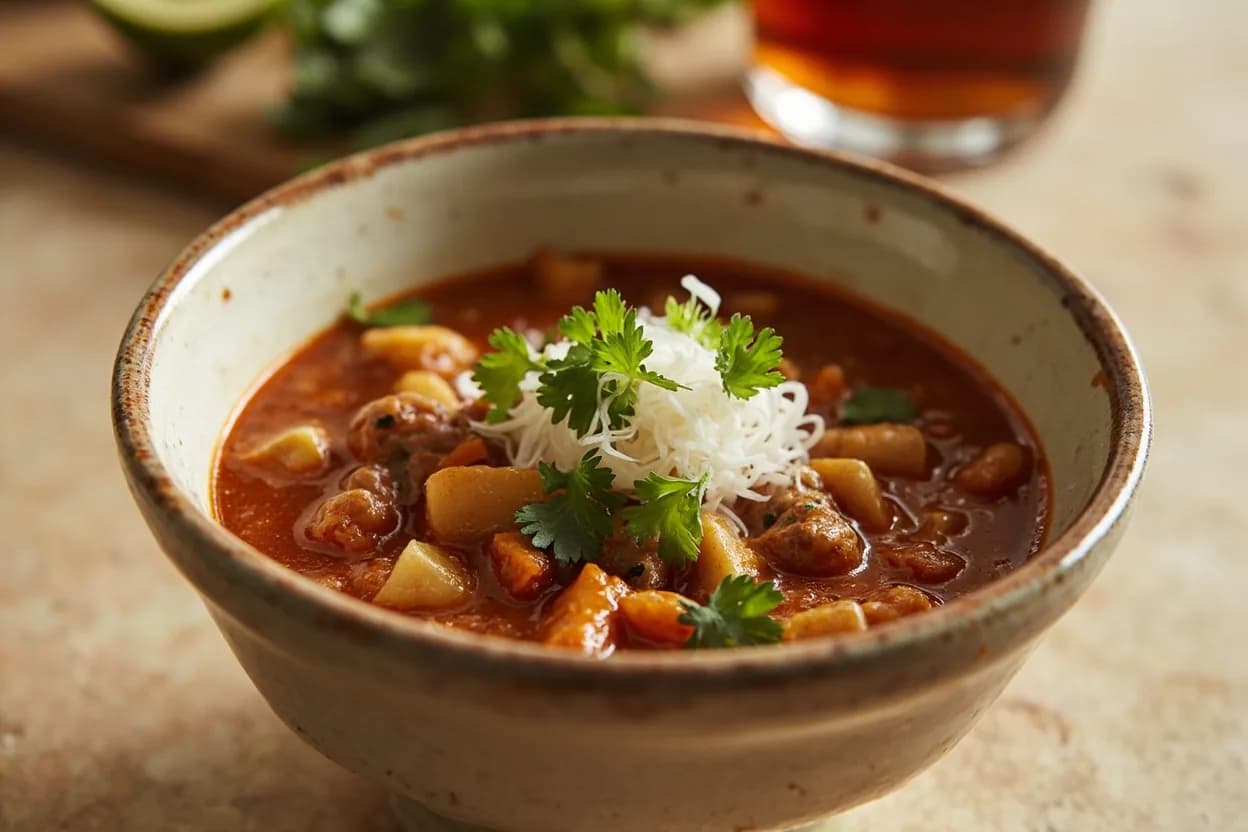 Hominy Bloom (Pozole Flowering) in practice — Pozole rojo (red chile pork pozole). Canned hominy (Goya and similar brands) has already been fully cooked and bloomed by the manufacturer.