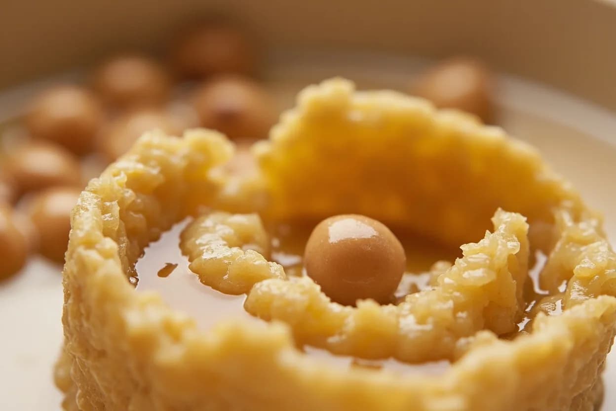 Hummus Base: Chickpea Overcook for Silkiness at Sustained simmer at 96–100°C (205–212°F) for 60–90 minutes total from dried-soaked starting point; 30–45 minutes from the standard done point. Beyond the standard fully cooked stage, continued heat and hydration degrade the hemicellulose and pectin of the cell walls to the point where inter-cell cohesion fails. Visual cues: Seed coats split open and drift free in the cooking liquid without any pinching, A single chickpea pressed between two fingers dissolves completely with zero resistance, The cooking water is visibly starchy — thick, milky-white, and almost broth-like.