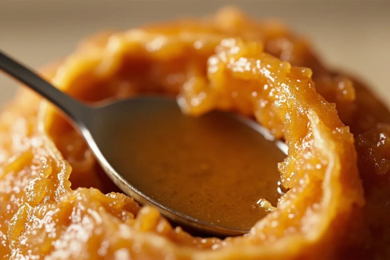 Jaggery & Palm Sugar Syrup Soft-Ball Stage at 112–116°C (234–240°F). As water boils away, sucrose concentration rises and the boiling point climbs above 100°C. Visual cues: Syrup turns deep amber to toffee-brown and smells of caramel, molasses, and toasted coconut (for palm sugar), Bubbles become slower and more viscous as water concentration drops, A thin stream poured from a spoon holds a brief ribbon before breaking.