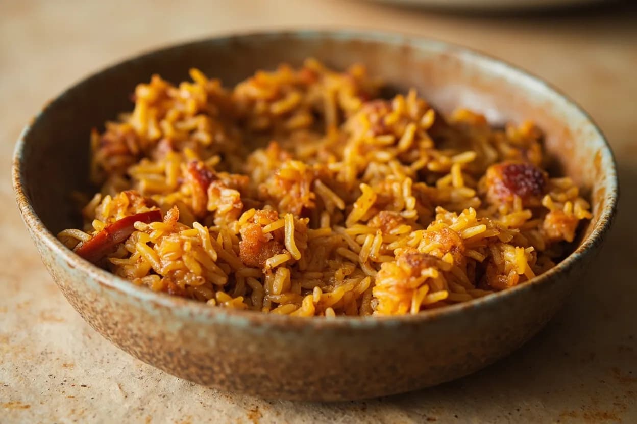 Jollof & Party Rice Bottom-Pot Crust in practice — Nigerian party jollof rice. Purists insist that authentic party jollof must be cooked over wood fire in large iron pots.
