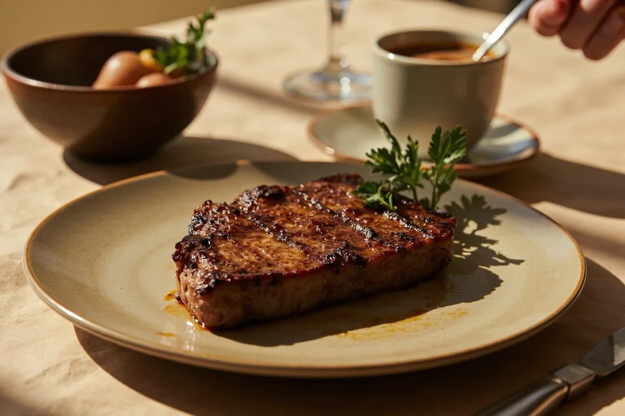 Maillard Reaction Temperature Window in practice — Seared steak crust. Water's heat capacity and the energy required for its phase change (2,260 kJ/kg) keep a moist food surface at exactly 100°C until essentially all free surface water has evaporated.