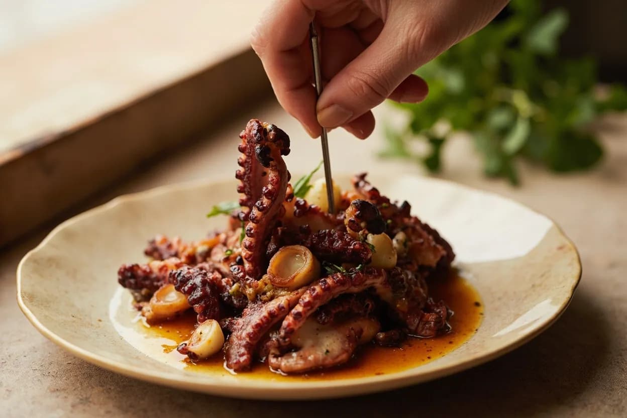 Octopus Tenderness Test (Skewer Resistance) in practice — Polpo alla luciana (Neapolitan braised octopus). Many Mediterranean fishmongers and home cooks freeze octopus before cooking, citing tenderization.