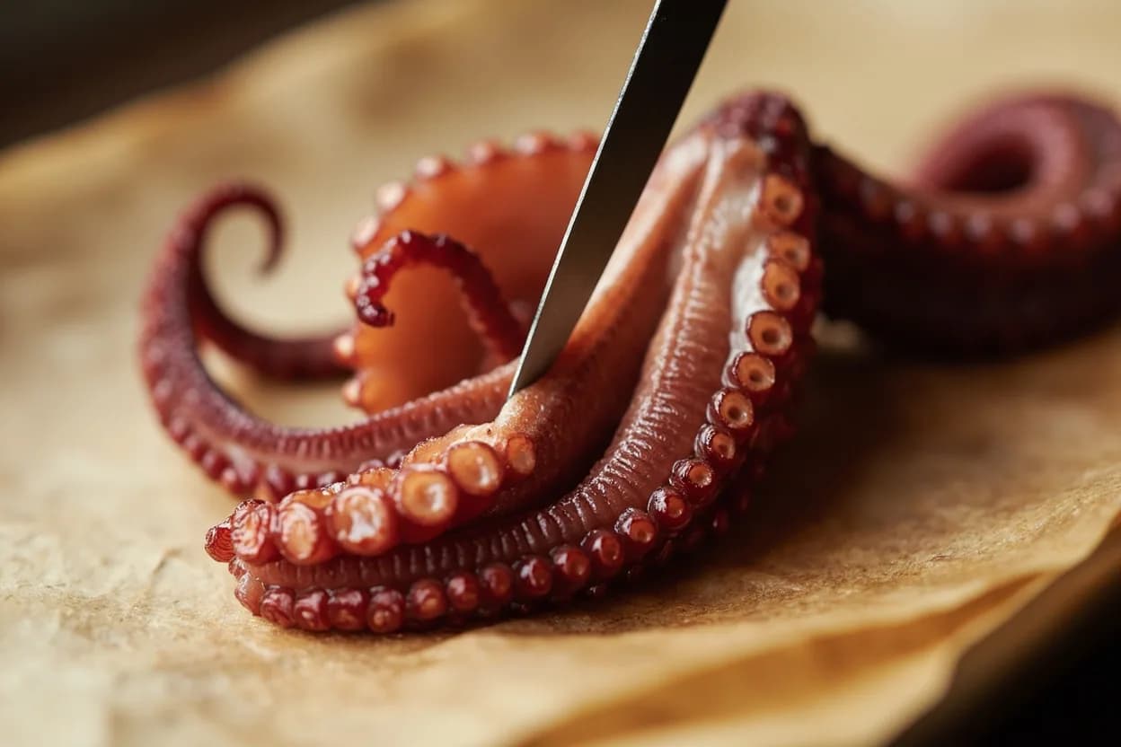 Octopus Tenderness Test (Skewer Resistance) at 80–85°C (176–185°F) sustained for 45–90 minutes. Octopus muscle passes through two textural phases during cooking. Visual cues: Skewer or knife tip penetrates the thickest tentacle arm with no resistance and withdraws cleanly, Skin along the tentacles separates loosely from the sucker pads and appears wrinkled rather than taut, Tentacle arms droop and sway fluidly when lifted — no rigid curl or stiffness.