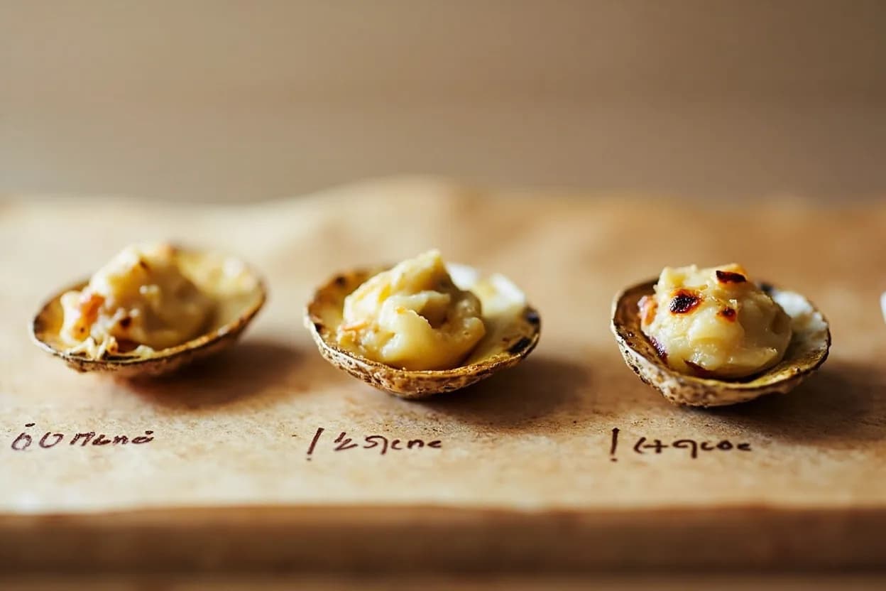 Oyster Doneness (Edges Curling in Heat) in context — the stages just below and above, side-by-side. When oysters are subjected to heat — whether grilled in the shell, baked, broiled, fried, or incorporated into a stew — doneness is read by observing the mantle, the thin membrane that borders the oy… Target reference 70°C / 158°F.
