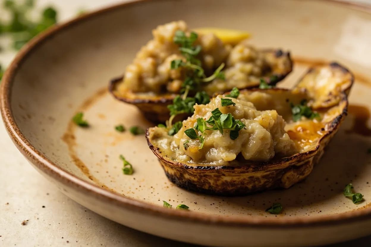 Oyster Doneness (Edges Curling in Heat) in practice — Oysters Rockefeller. The difference between a perfectly curled oyster and an overcooked one is measured in seconds at high heat.