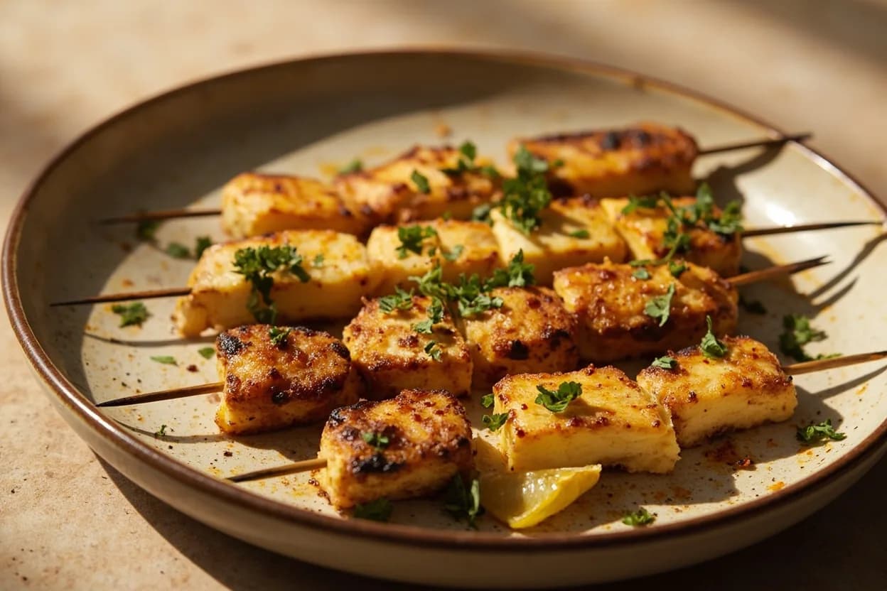 Paneer Grill Point: Crust Without Crumble in practice — Paneer tikka (grilled, marinated paneer skewers). In paneer tikka, cubes are coated in a yogurt-spice marinade before grilling.
