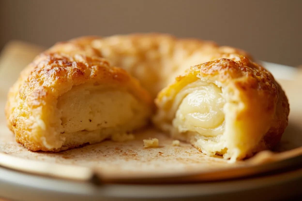 Pâte à Choux Dryout Stage at 77°C / 171°F. Heat gelatinizes the starch granules in the flour, causing them to absorb free water and swell into a dense, cohesive network. Visual cues: Dough pulls cleanly away from all pan sides and base in one mass, A pale, matte, starchy film is visible on the pan base when the dough is scraped aside, Steam rises visibly and the sizzling noise subsides.