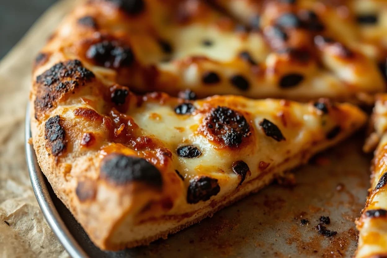 Pizza Crust: Leoparding (Char Spots) & Cornicione Color at Floor temperature 430–480°C (806–896°F); dome/air temperature 485–500°C (905–932°F). At extreme temperatures, the outer surface of the dough undergoes rapid and very localized Maillard reaction and pyrolysis simultaneously. Visual cues: Cornicione shows discrete black or dark-brown spots surrounded by golden or amber areas — the leopard pattern, Rim is visibly puffed and blistered, with large visible bubbles that have set as hollow pockets, Underside shows light, even char marks from the oven floor (not white/pale or uniformly black).