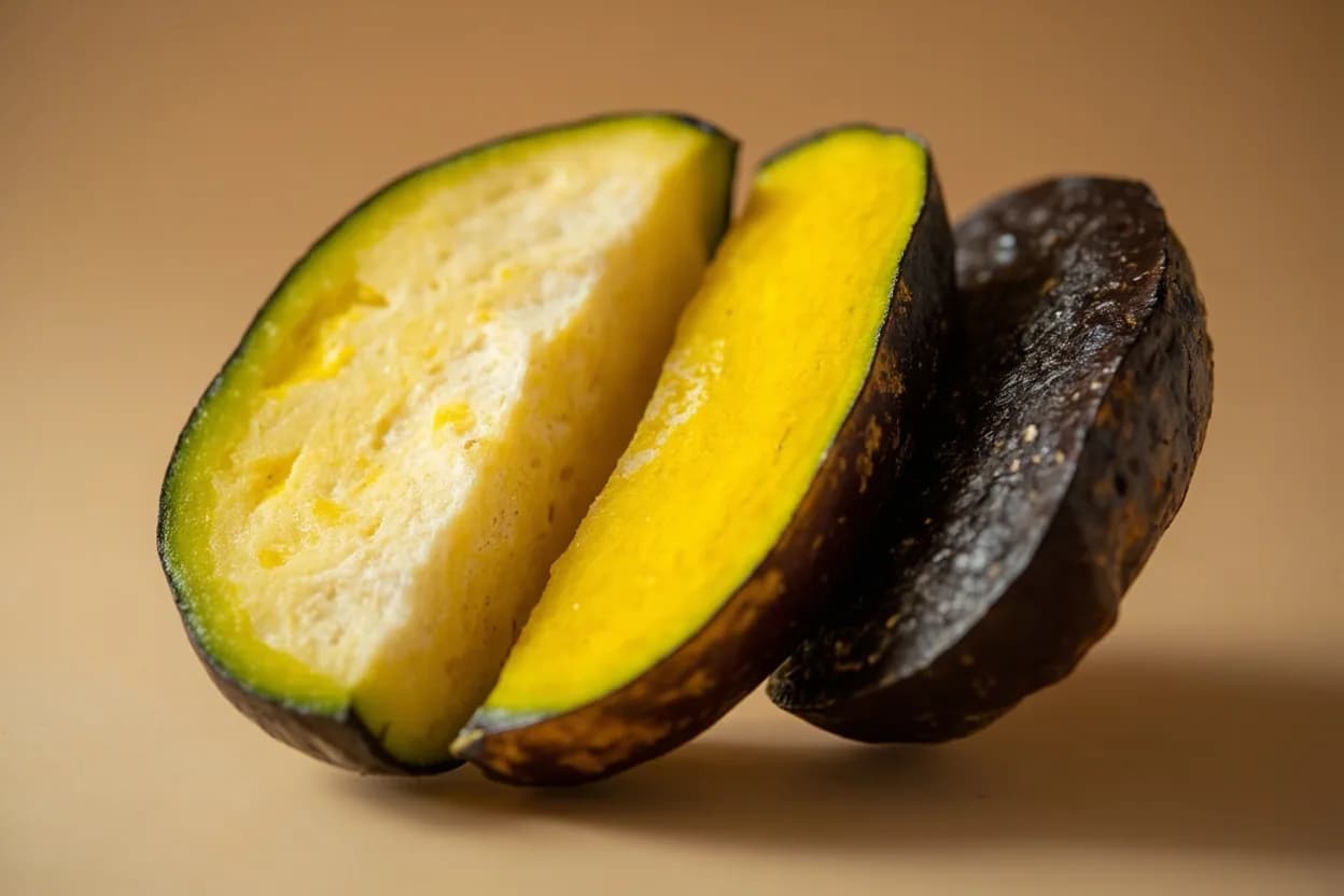 Plantain Doneness Stages (Green through Overripe) at Stage 1 green: raw at 20°C → Stage 2 yellow: 3–5 days ambient ripening → Stage 3 yellow-black streaked: 6–8 days → Stage 4 black/overripe: 9–14 days at 20–25°C ambient. Stage 1 (green): starch content ~22–25%. Visual cues: Green stage: skin is hard, waxy green; flesh resists knife firmly; raw starchy smell, no sweetness, Yellow stage: skin pliable and yellow; flesh gives slightly to thumb press; mild banana-adjacent sweetness, Yellow-black stage: black patches cover 25–60% of skin; flesh cuts easily; aroma is floral-sweet; caramelizes quickly in pan.
