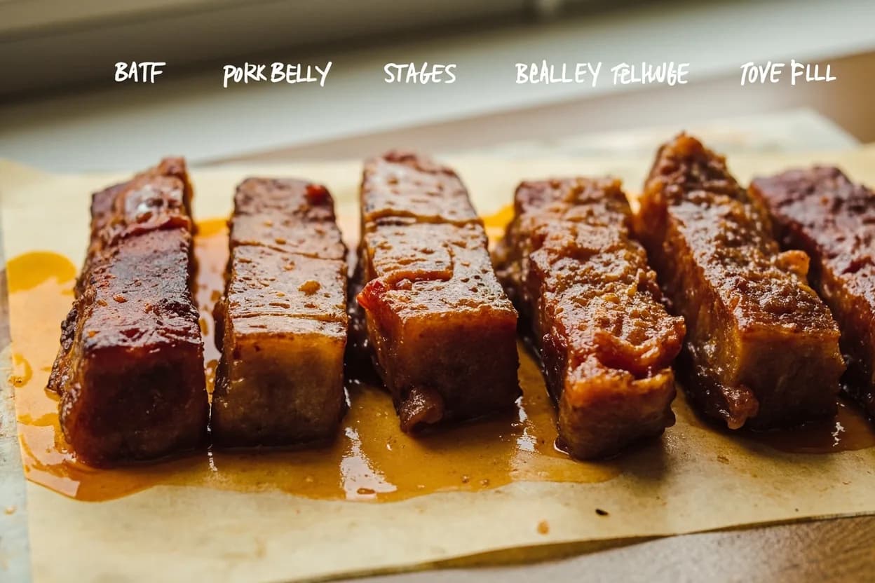 Pork Belly Braised Tender (Chopstick Test) in context — the stages just below and above, side-by-side. The chopstick test is the traditional East Asian method for gauging the doneness of long-braised pork belly. Target reference Braise liquid held at 90–96°C (195–205°F); internal meat temperature reaches 85–90°C (185–195°F) well before doneness.