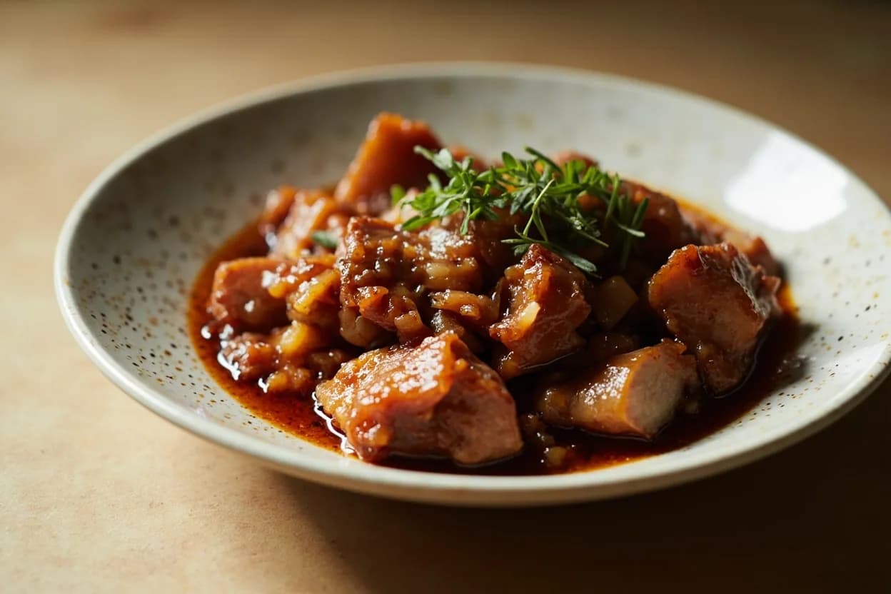 Pork Belly Braised Tender (Chopstick Test) in practice — Dong po rou (Hangzhou red-braised pork belly). Long braises bring the entire piece to within a few degrees of the liquid temperature after 30–40 minutes, so a thermometer reading confirms the protein is safe to eat but says nothing about whether collagen conversion is complete.