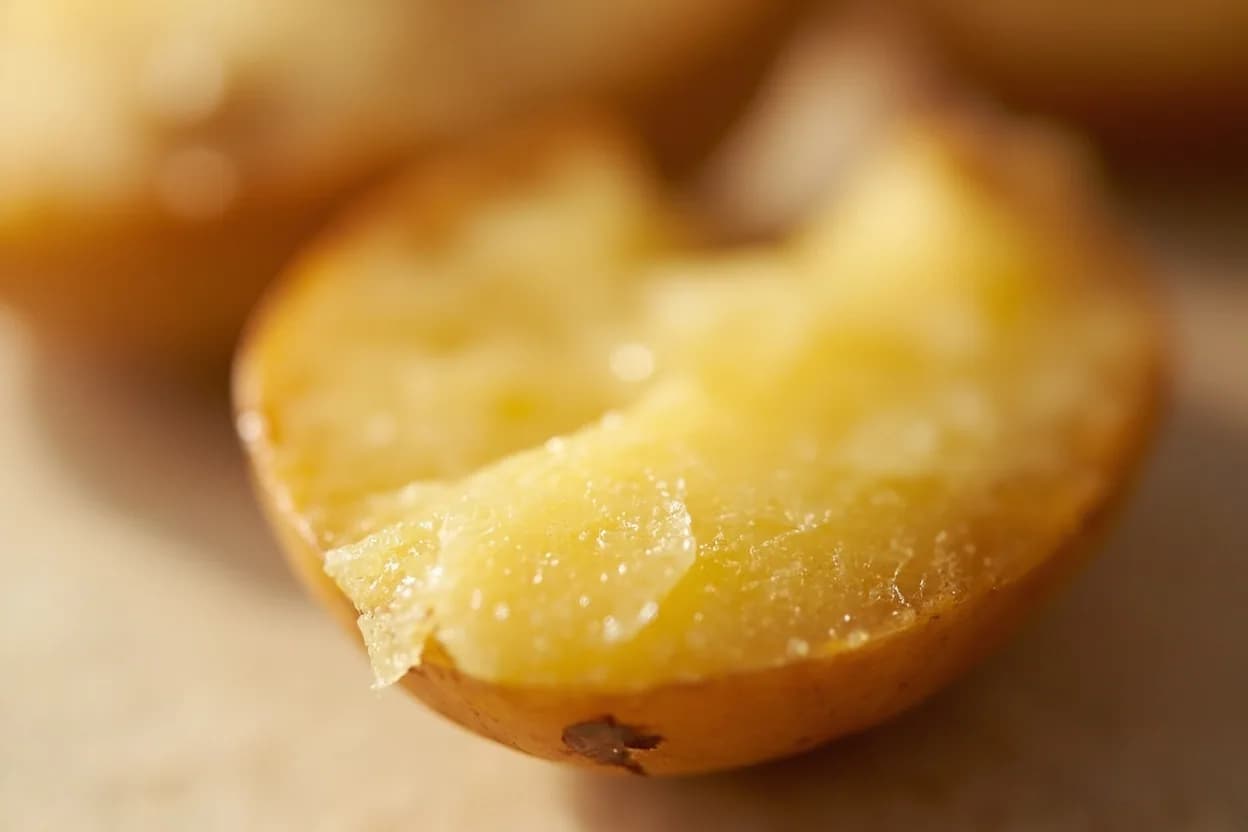 Potato: Fully Gelatinized Starch (No Graininess) at 90°C / 194°F. Below 60°C, starch granules remain crystalline and absorb minimal water. Visual cues: A thin knife or metal skewer slides through the thickest part of the potato with no resistance and no grating sensation, The potato yields completely when pressed firmly — no hard core, In whole potatoes, the skin begins to pull slightly away from the flesh at the surface.