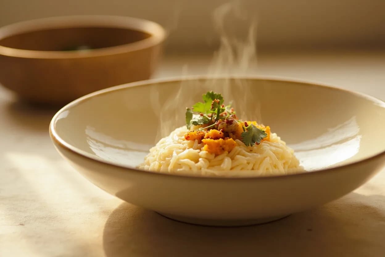 Sticky Rice Steam Set Point in practice — Thai khao niao mamuang (sticky rice with mango). Glutinous rice must be soaked — typically 4 hours minimum, ideally overnight — before steaming.