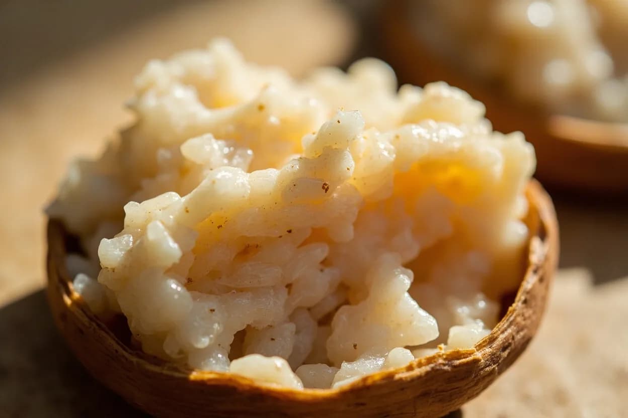 Sticky Rice Steam Set Point at Steamed over vigorously boiling water (100°C/212°F); internal grain temperature approaches 98–100°C at doneness. Glutinous rice contains nearly 100% amylopectin (waxy starch) and virtually no amylose, unlike regular long-grain rice. Visual cues: Every grain is fully translucent — no white, chalky, or opaque spots remaining, Grains clump cohesively when pressed but don't dissolve or smear, The mass lifts cleanly from the basket and holds its shape briefly when turned out.