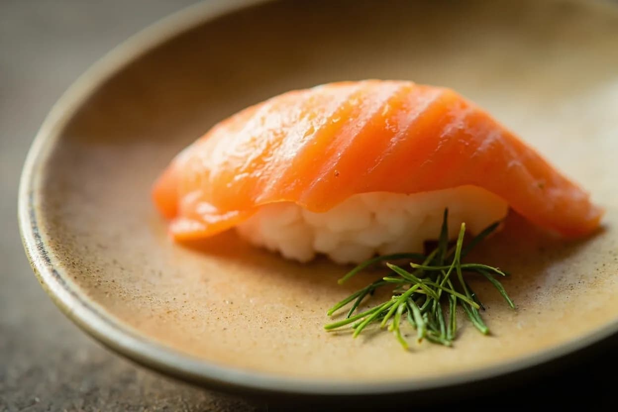 Sushi Rice Temperature (Body-Warm, ~37°C) in practice — Nigiri-zushi (tuna, salmon, yellowtail, uni, engawa). The cypress wood hangiri is not merely traditional aesthetic — it actively manages the temperature and moisture of sushi rice.