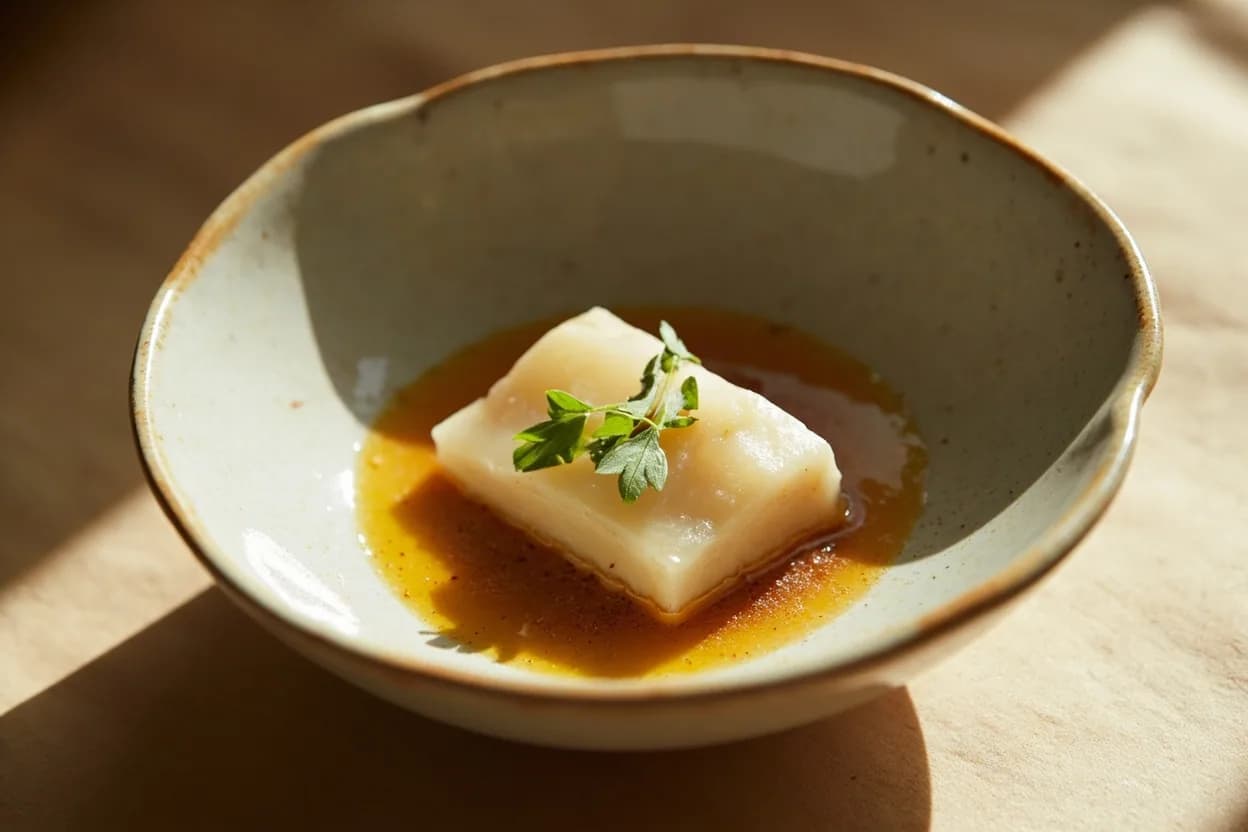 Tofu Skin Formation Temperature in practice — Fresh yuba in dashi (Japanese yuba kaiseki dish). Yuba has been central to Kyoto cuisine for over a millennium, arriving via Buddhist monastery food culture from Tang-dynasty China.