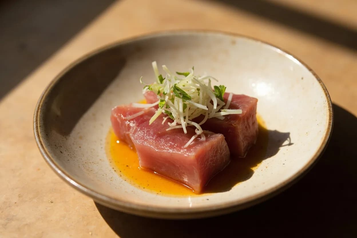 Tuna: Seared Rare Center in practice — Tuna tataki with ponzu and grated daikon. A ripping-hot cast iron or carbon steel pan (260°C / 500°F+) is essential.