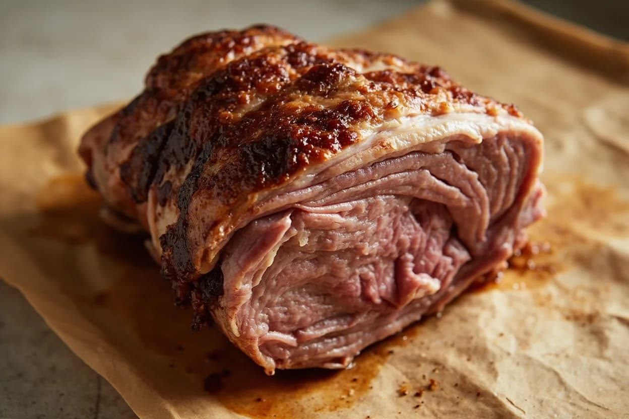 Whole Pig & Whole Hog Roast Core Temperature at Minimum 74°C (165°F) at deepest joint; practical target 82–90°C (180–195°F) in shoulder and hip. A whole pig's carcass is a mosaic of different thicknesses: the loin over the ribcage may be 2–3 cm from surface to bone, while the Boston butt muscle mass may be 15–20 cm deep. Visual cues: The hip joint (where femur meets pelvis) rotates freely or the femur can be pulled partially free without tearing meat, The shoulder blade (scapula) wiggles and lifts away with gentle pressure, Juices run clear (not pink) when the thickest thigh muscle is deeply pierced with a skewer.
