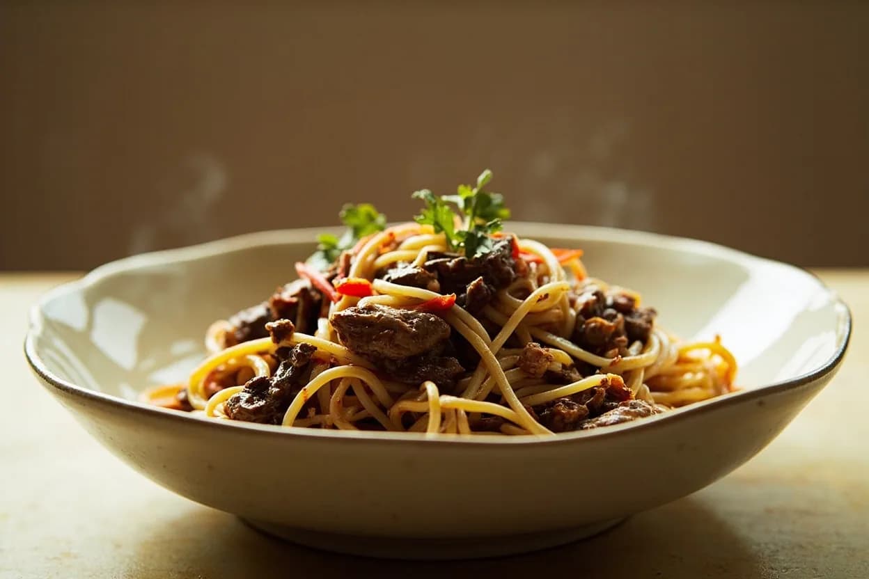 Wok Stir-Fry Oil Temperature in practice — Beef chow fun (干炒牛河). Most domestic gas burners top out at 35,000–50,000 BTU; commercial wok ranges deliver 150,000–250,000 BTU.