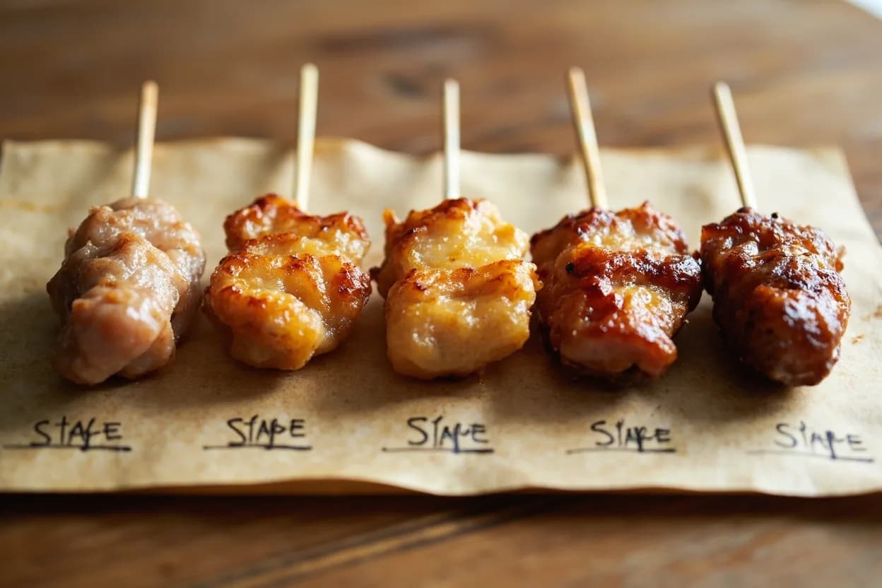 Yakitori: Doneness by Protein Part in context — the stages just below and above, side-by-side. Yakitori — grilled chicken skewers cooked over binchōtan charcoal — encompasses multiple anatomical cuts, each with a distinct ideal doneness driven by the muscle fiber type, fat content, and collage… Target reference 63°C (145°F) for liver; 65–68°C (149–154°F) for breast; 70–74°C (158–165°F) for thigh; skin judged visually.